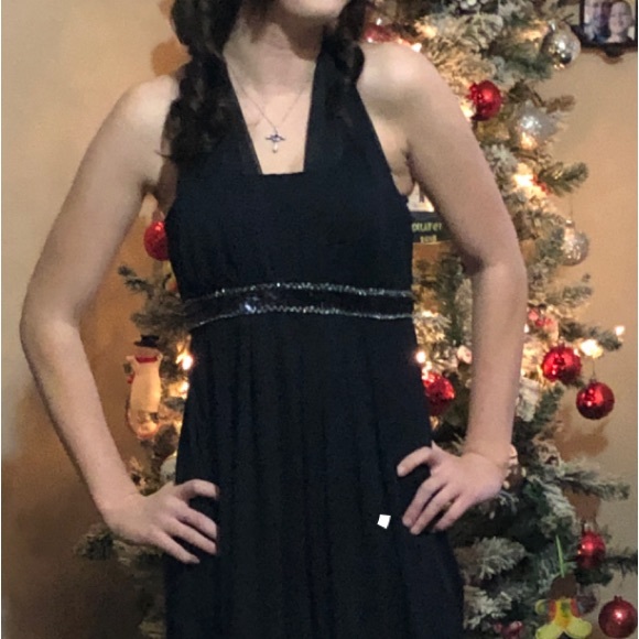 navy halter dress sz M(6-8). Sheer overlay. - Picture 3 of 3